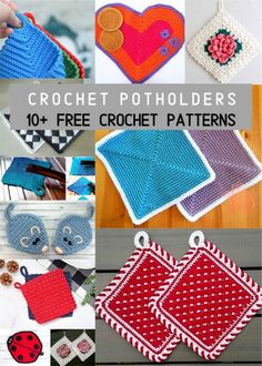 crochet potholders and mittens are featured in this collage