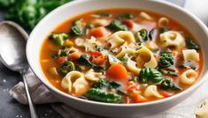 a bowl of pasta and vegetable soup on a napkin with a spoon next to it