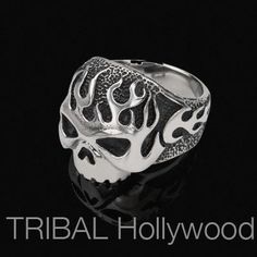 Flaming Skull Ring - Hades Skull Mens Steel Ring | Tribal Hollywood Riveted Ring, Sugar Skull Ring, Fire Skull, Cool Rings For Men, Flaming Skull, Mens Skull Rings, Armor Ring, Wolf Ring, Mens Band Rings