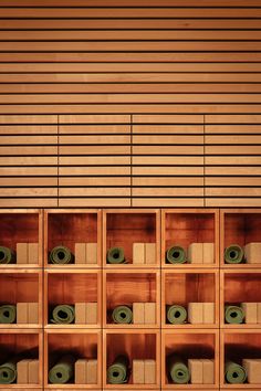 rolls of toilet paper are lined up on wooden shelves in front of a window with blinds