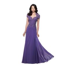 a woman in a long purple dress