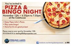 a flyer for a pizza and bingo night at the club house on november 12th