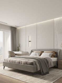 a bedroom with a large bed and white walls