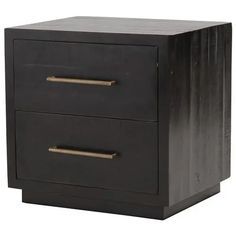 a black wooden nightstand with two drawers and brass handles on the bottom, against a white background