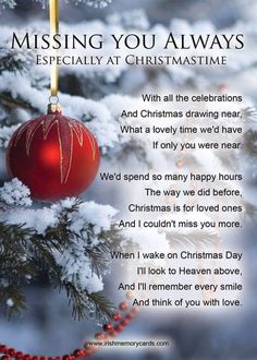 a christmas ornament hanging from a tree with the words missing you always especially at christmas time