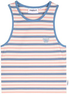 ivory white/light blue/salmon pink horizontal stripe pattern stretch-design ribbed knit heart patch mini logo tag contrasting trim round neck sleeveless straight hem cropped Trendy Striped Cotton Tank Top, Trendy Striped Ribbed Tank Top, Trendy Striped Crop Top Tank, Fitted Striped Knit Tank Top, Striped Cropped Tank Top, Beach Striped Tank Top, Striped Ribbed Cotton Tank Top, White Sleeveless Tank Top With Contrast Stripes, Heart Tank Top