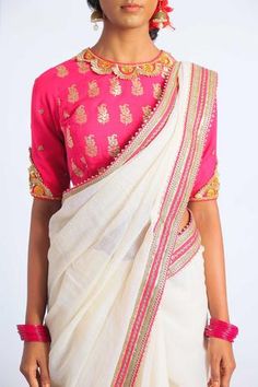 Shop for Nikasha White Handwoven Kota Doria Saree With Blouse for Women Online at Aza Fashions Silk Blouse Pattern, Flower Tassels, Kota Doria Saree, Embroidered Border, Embroidered Neckline, Blouse For Women, Elbow Sleeve, Saree With Blouse, Blouse Online