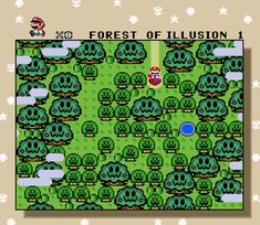 an image of a video game screen with trees and bushes in the foreground, which reads forest of illusion 1