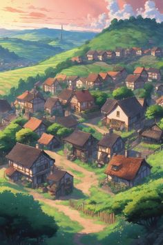 an anime village with lots of houses and trees on the hillside, surrounded by green hills