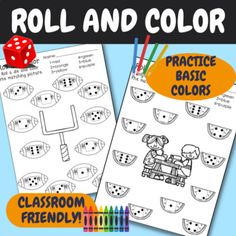 roll and color worksheet with two pictures of watermelons, one has a red