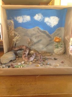 a cardboard box with rocks, plants and a snake in it on top of a table