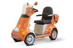 an orange three wheeled scooter with a seat on the front and back wheels