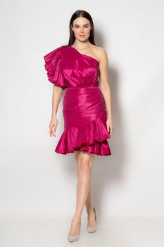 Stand out in an elegant one-shoulder mini dress. With a pop of color and dramatic shoulder, you are sure to turn heads. Perfect for many special occasions, including wedding guests, birthdays, date nights, and parties. Features: one-shoulder Ruching bodice and front hip area Back zipper closure Fabric info: Taffeta. This dress is available in multiple colors.Size Guide: The exact measurements of this dress are below. For sizing, please refer to the following guide. If you have any questions abou Chic Pink One-shoulder Asymmetrical Dress, Ruched One Shoulder Dress For Evening, Pink One-shoulder Dress For Gala, Pink One-shoulder Dress For Spring Party, Pink One Shoulder Dress For Spring Party, Pink One-shoulder Dress With Asymmetrical Neckline For Gala, Pink One Shoulder Dress With Asymmetrical Neckline For Gala, Glamorous Pink One-shoulder Evening Dress, Ruched Evening Dress With Asymmetrical Neckline For Party