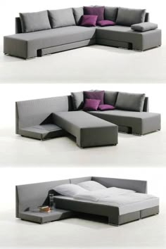 three different views of a couch with pillows on the top and bottom, side by side