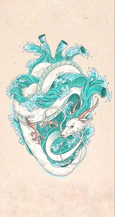 an artistic drawing of a heart with two dragon heads on it's sides and waves in the background