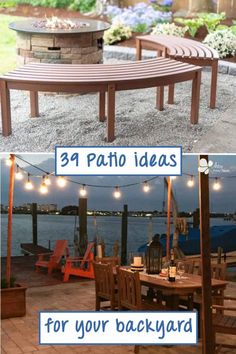 an outdoor dining table with lights on it and the words 39 patio ideas for your backyard