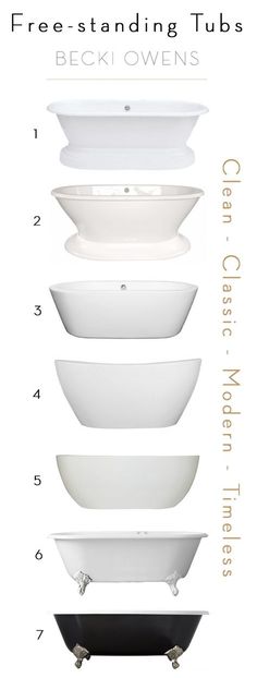 the different bathtubs are shown with their names and description on each one side