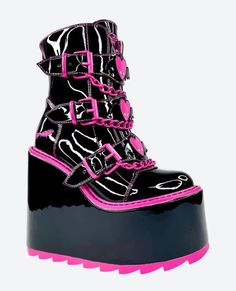 Brand new with box. US Womens size 8. Pink Bat Shoes, Hot Pink Goth Shoes, Power Puff Boots, Rainbow Demonia Boots, Draculaura Converse, Yru Qloud Shoes, Draculaura Skullette, Black And Pink Clothes, Pink And Black Shoes