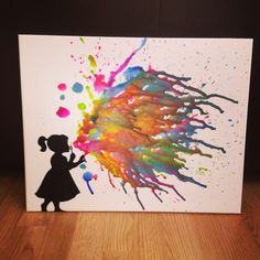 I saw a pin similar to this and had to try it. The little girl is a pic I found on the web then transferred to vinyl, the color is melted crayon (we melted with a hair dryer) Melted Crayon Art Silhouette, Half And Half Art, Melting Crayons On Canvas, Melted Crayon Art Ideas, Crayon Melting Art, Crayon Canvas Art, Melted Crayon Art, Crayon Crafts, Crayon Art Melted