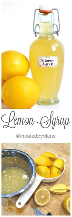 lemon syrup in a glass jar next to sliced lemons and a bowl of lemons