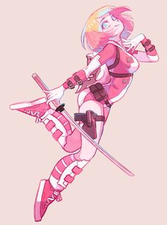 a drawing of a woman in pink and white outfit holding two ski poles with both hands