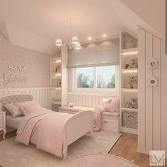 a bedroom with white furniture and pink decor