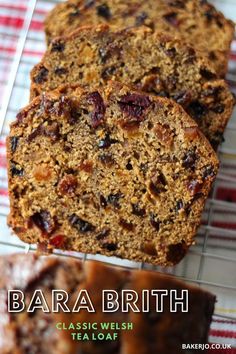 two slices of banana and raisin bread on a cooling rack with text overlay