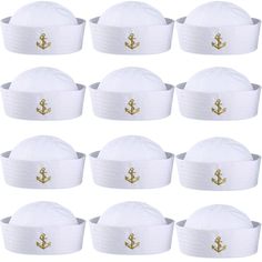 twelve white sailor's hats with gold anchor embroidered on the front and side, set of