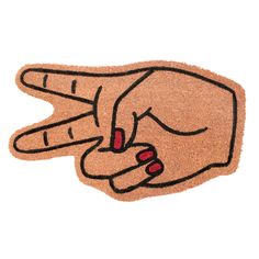 a door mat with a hand pointing to the right on top of an area rug