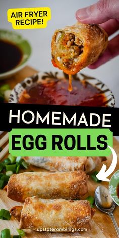 Air Fryer Egg Rolls  for skip takeout Pinterest pin. Air Fryer Egg Roll, Air Fryer Recipes Egg Rolls, Easy Egg Roll Recipe, Air Fryer Egg Rolls, Egg Roll Filling, Actifry Recipes, Air Fryer Recipes Dessert, Pork Egg Rolls