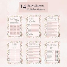 four baby shower game cards with flowers on them