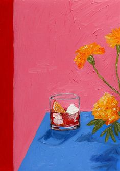 an oil painting of flowers in a vase on a blue table