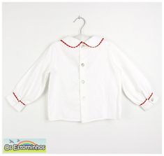 Long sleeve Peter pan collar blouse with red trim - Other trim colors available - 52% cotton, 48% modal - Nacre buttons on the back of the shirts and cuffs - Trim on collar, cuffs and front of the blouse Note: The blouse is always white. To select the color of the ric rac trim please use the scroll down menu. [ Sizes ] Please check the measurements I use to make the pieces on the listing photos. Any questions please contact me. [ Shipping ] All items in my store are handmade. Most items are ship Cotton Long Sleeve Tops With Contrast Trim, Cotton Tops With Contrast Trim And Collar, Fitted Long Sleeve Top With Contrast Collar, White Long Sleeve Top With Contrast Collar, Pan Collar Blouse, Trim Colors, Peter Pan Collar Blouse, Girls Blouse, Ric Rac