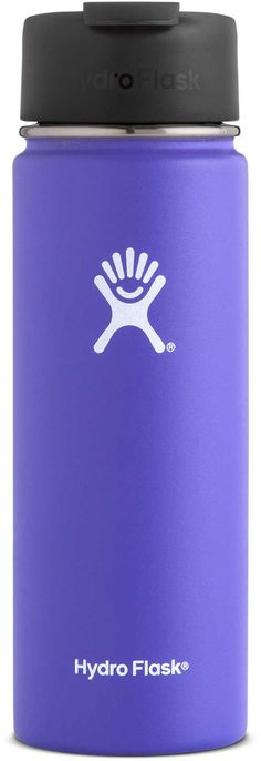 the hydro flask water bottle has a black lid and is purple with white logo