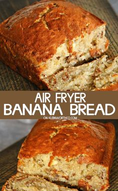 an air fryer banana bread cut in half and stacked on top of each other