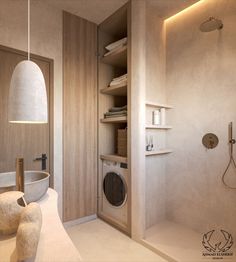 Comfy Bathroom Ideas, Bathroom Washing Machine Hidden, Japandi Interiors Bathroom, Small Bathroom Stand Up Shower Ideas, Wabisabi Bathroom, Wabi Sabi Toilet, L Shape Bathroom, Bathroom Cupboard Ideas, Simplistic Bathroom