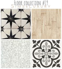 the floor collection 4 is shown in four different colors and designs, including black and white tiles