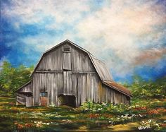 a painting of an old barn in the middle of a field with wildflowers