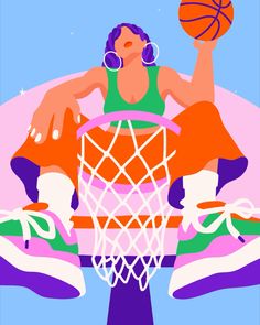 an illustration of a woman dunking a basketball into the hoop with her legs in the air