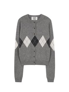 This Argyle Cardigan offers a classic silhouette with a round neck and is crafted from 100% soft merino wool knit yarn, exuding unique yet basic mood.- Essential argyle pattern detail for a fashionable look- Three embroidered logo details and logo-engraved buttons for a branded finish- Suitable for both standalone wear and layering, thanks to its basic straight fit and soft, non-transparent knit texture* Actual product color may vary according to the mobile device and monitor resolution.* The ac Fitted Argyle Sweater For Fall, Classic Gray Merino Wool Sweater, Fall Fitted Argyle Sweater, Fitted Argyle Pattern Sweater For Fall, Fall Season Argyle Sweater, Classic Crew Neck Wool Cardigan, Classic Merino Wool Fine Knit Cardigan, Winter Cashmere Crew Neck Cardigan, Classic Crew Neck Winter Cardigan