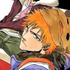 an anime character laying on the ground next to another character with orange hair and blue eyes