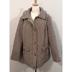 Quilted Hooded Jacket By Gallery Woman With Detachable Hood, Snap Front, Faux Flap Pocket With Real Pockets On The Side Of That Detail, Light Puffer Style, Lined, And Approx. 31” Length. Taupe Outerwear For Cold Weather In Fall, Winter Khaki Quilted Jacket For Cold Weather, Khaki Quilted Jacket For Winter, Quilted Hooded Outerwear For Fall, Khaki Quilted Jacket For Winter Cold Weather, Winter Beige Quilted Outerwear, Beige Quilted Winter Outerwear, Winter Khaki Quilted Jacket, Quilted Beige Winter Outerwear