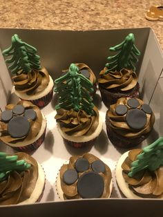 cupcakes in a box decorated with green frosting and trees on top are ready to be eaten