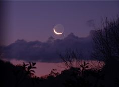 the moon is setting over some trees in the night sky with dark clouds and purple hues