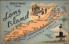 an old postcard with a map of long island, new jersey and the lighthouse