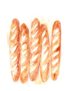 four loaves of bread are lined up on a white surface with watercolor pencils