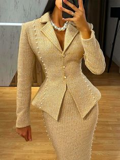 Lapel Collar Elegant Plain Regular Fit Jacket Jackets With Dresses Formal, Female Suits Aesthetic, Older Quotes, Modern Blouse Designs, Fall Office Outfits, Sophisticated Lady, Female Jacket, Lady Jacket, Church Attire