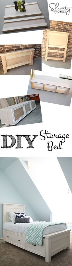 there are pictures of different types of furniture in this room and the words diy storage bed below it