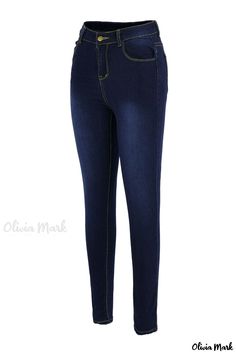 Olivia Mark - Premium Womens High-Waisted Denim Jeans in Solid Blue - Effortless Casual Chic Denim Blue High Waist Jeggings With Pockets, High Waist Denim Blue Jeggings With Pockets, High Waist Dark Wash Denim Jeggings, High-waisted Denim Blue Jeggings With Pockets, High Waist Denim Jeggings With Pockets, High-waist Denim Jeggings With Pockets, High Waist Denim Blue Jeggings, High-waist Denim Blue Jeggings, High Rise Denim Jeggings For Summer