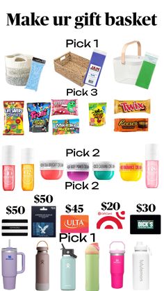 an advertisement with the words make ur gift basket pick 1 pick 2 pick 3 pick 4